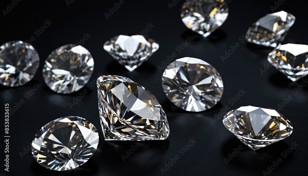 Shiny round diamonds on black background, luxury brilliants sparkle on dark desk, white gemstones with reflections. Concept of jewel, jewelry, gem, gift, natural precious stone, crystal Shiny round diamonds on black background, luxury brilliants sparkle on dark desk, white gemstones with reflections. Concept of jewel, jewelry, gem, gift, natural precious stone, crystal