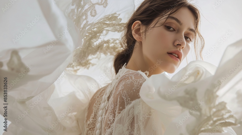 Elegant woman in a luxurious, flowing white dress with delicate lace detail, bathed in soft natural light, looking serene and thoughtful. Elegant woman in a luxurious, flowing white dress with delicate lace detail, bathed in soft natural light, looking serene and thoughtful.