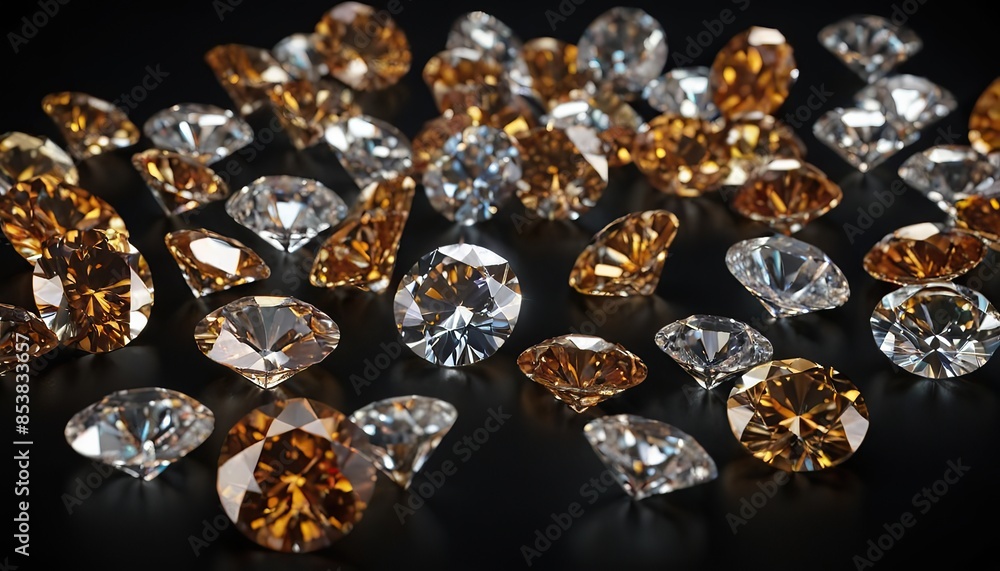 Shiny round diamonds on black background, luxury brilliants sparkle on dark desk, white gemstones with reflections. Concept of jewel, jewelry, gem, gift, natural precious stone, crystal Shiny round diamonds on black background, luxury brilliants sparkle on dark desk, white gemstones with reflections. Concept of jewel, jewelry, gem, gift, natural precious stone, crystal