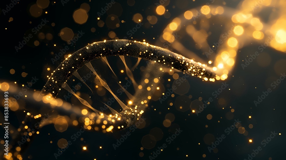 Abstract Representation of DNA Strand in Gold on Dark Background, Artistic Gold DNA Strand Illustration on Dark Canvas Abstract Representation of DNA Strand in Gold on Dark Background, Artistic Gold DNA Strand Illustration on Dark Canvas
