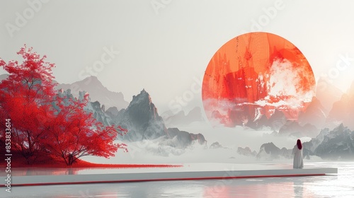 White backgroundï¼ŒChinese people standing on platforms,Chinese inkscapestyle,minimalist stage designs, 