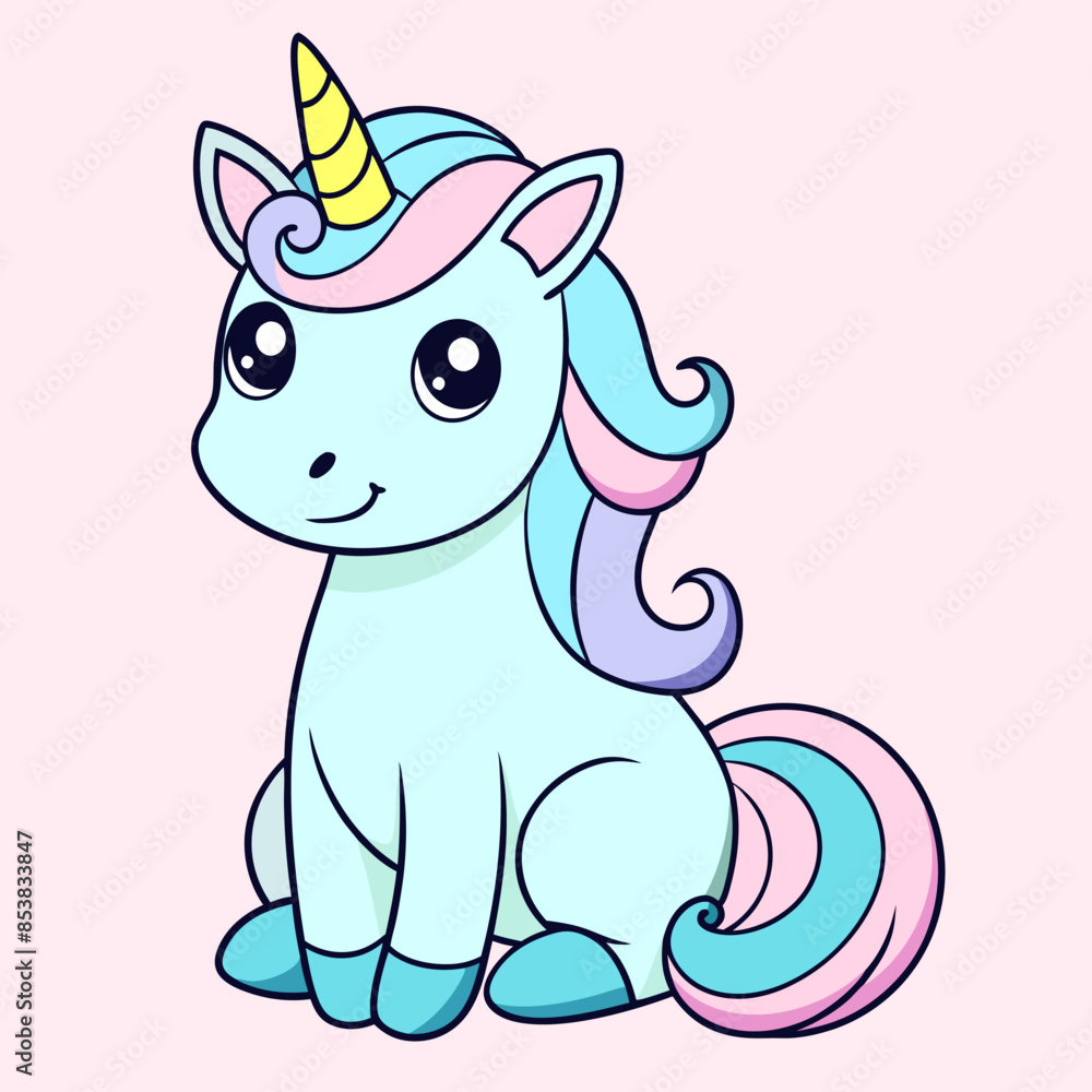 Fototapeta premium A cartoon drawing of a unicorn with a pink and blue tail.
