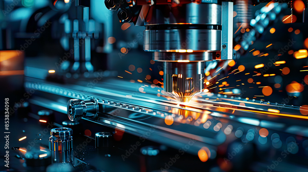 Hyper-realistic image of a metalworking CNC milling machine in action detailed view of the machine and metal being cut lighting modern Hyper-realistic image of a metalworking CNC milling machine in action detailed view of the machine and metal being cut lighting modern