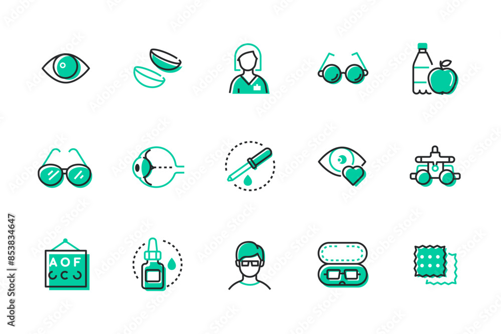 Eye examination by an ophthalmologist - set of line design style icons ...