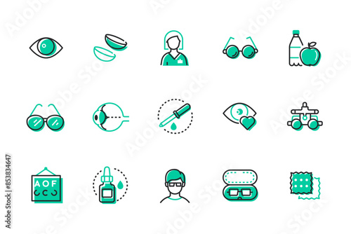 Eye examination by an ophthalmologist - set of line design style icons on white background. Quality images of pupil, lenses, glasses, drops with a pipette, iris, patient, nutrition. Healthcare idea