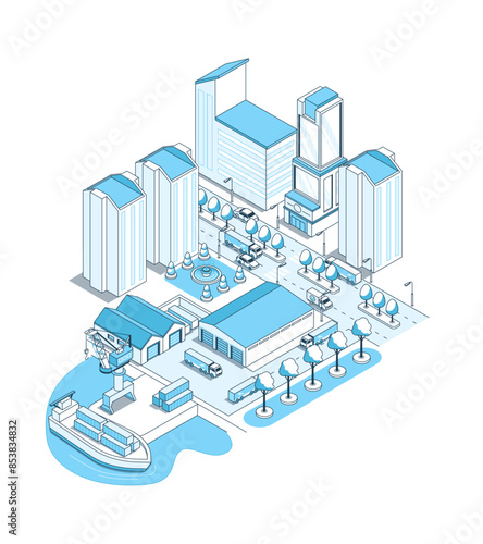 Port warehouse in the city - vector isometric illustration. Industrial area and office buildings, logistics, storage and shipment of goods by water transport. Fountain, trees and highway with trucks