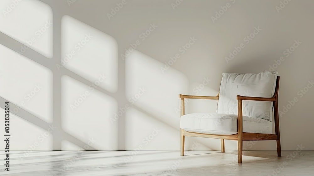 A simple wooden chair with white fabric in front of a blank wall, a standard high-resolution photo of the chair. A simple wooden chair with white fabric in front of a blank wall, a standard high-resolution photo of the chair.