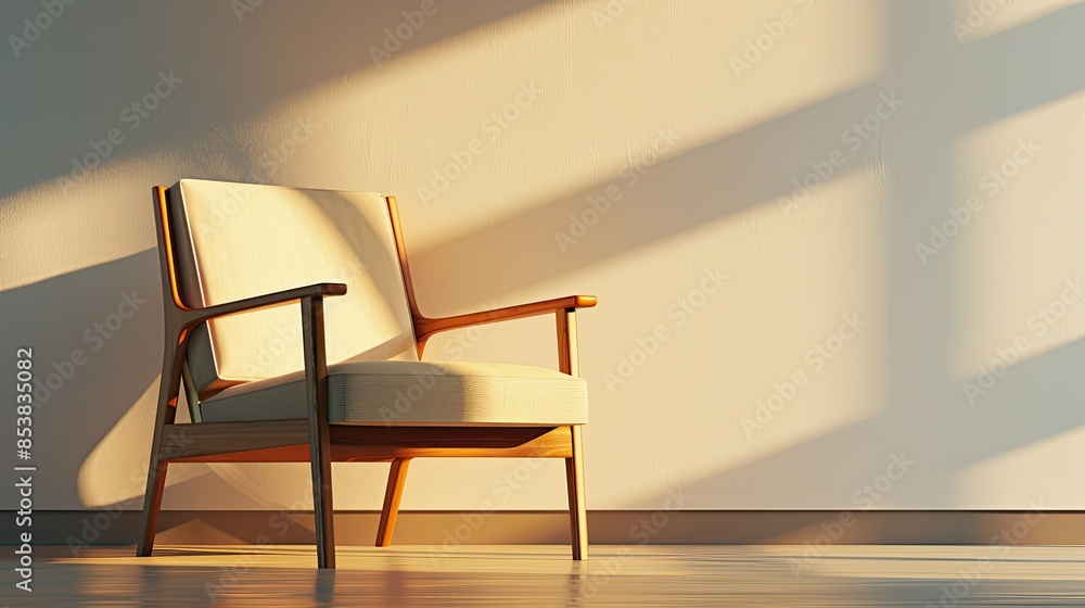 A simple wooden chair with white fabric in front of a blank wall, a standard high-resolution photo of the chair. A simple wooden chair with white fabric in front of a blank wall, a standard high-resolution photo of the chair.