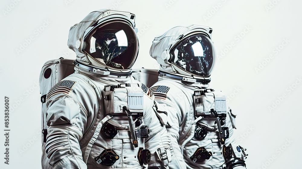Fototapeta premium Hyper-realistic image of astronauts isolated on a white detailed space suits with intricate textures and designs and modern space 