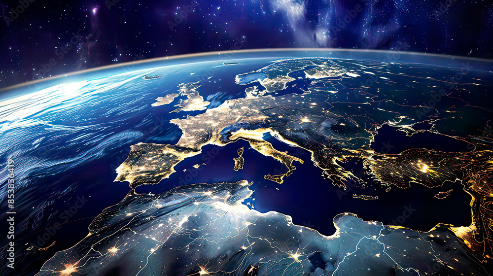Hyper-realistic image of Europe seen from satellite height detailed geographical features and sharp colors illuminated cities clear atmosphere deep space