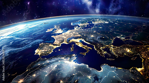 Hyper-realistic image of Europe seen from satellite height detailed geographical features and sharp colors illuminated cities clear atmosphere deep space  photo