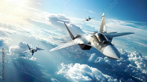 Hyper-realistic image of fighter jets in flight detailed view of the aircraft blue sky with soft clouds modern military aviation intense and precise illumination