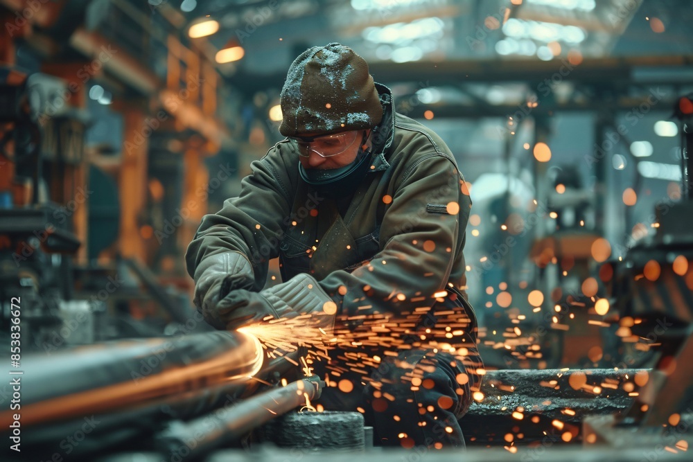 Industrial worker cuts metal with sparks Industrial worker cuts metal with sparks