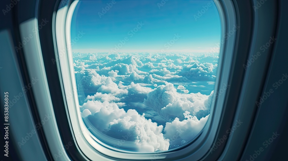 Airplane window looking at the sky and clouds from inside the airplane. The outside view is blue with white fluffy clouds. A clear horizon is visible through the window. Airplane window looking at the sky and clouds from inside the airplane. The outside view is blue with white fluffy clouds. A clear horizon is visible through the window.