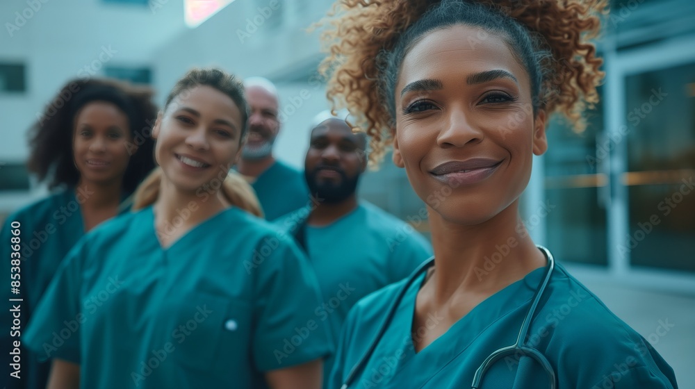 A group of multiethnic male and female healthcare professionals standing in a hospital hallway A group of multiethnic male and female healthcare professionals standing in a hospital hallway
