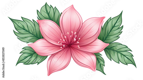 PNG illustration of a chic pink flower with green leaves on a transparent background.