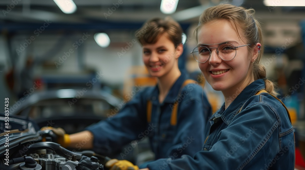 A photo of two smiling young female twins working on an engine in the workshop A photo of two smiling young female twins working on an engine in the workshop