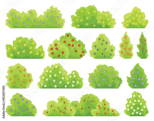 Bushes with flowers icon set. Cartoon forest and park shrubbery with floral elements. Landscape scene create element. Vector cartoon illustration