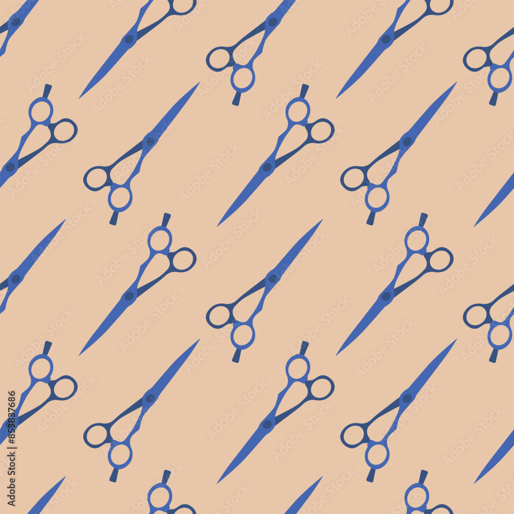 Fototapeta premium Haircutting scissors seamless pattern. Blue scissors on a beige background. Vector pattern for your business.