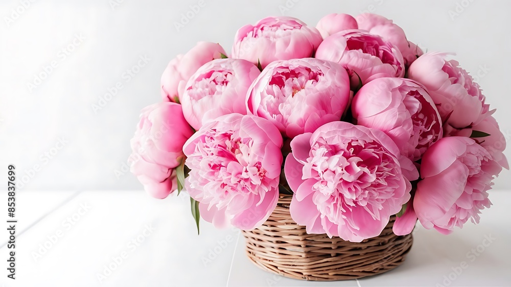 Basket with pink peonies on a white background Basket with pink peonies on a white background