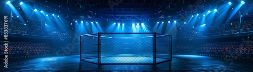 Side view of an empty MMA cage surrounded by tiered seats, overhead lights creating dramatic blue illumination, realistic, high detail, pristine arena 8K , high-resolution, ultra HD,up32K HD photo