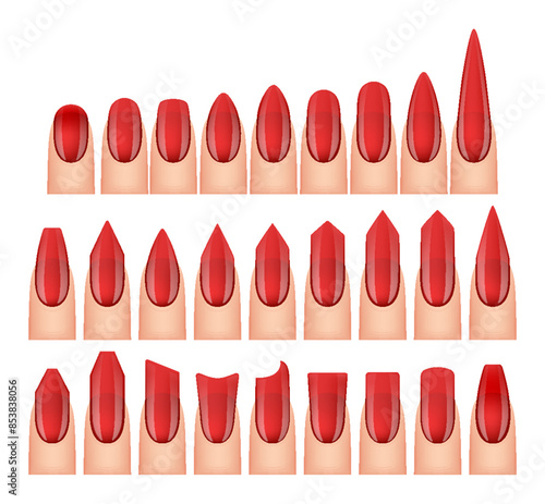 Nail shapes manicure set. Different shapes and types of red fingernails extensions. Professional manicure template. Salon fashion nails type trends. Vector cartoon nail art on white background