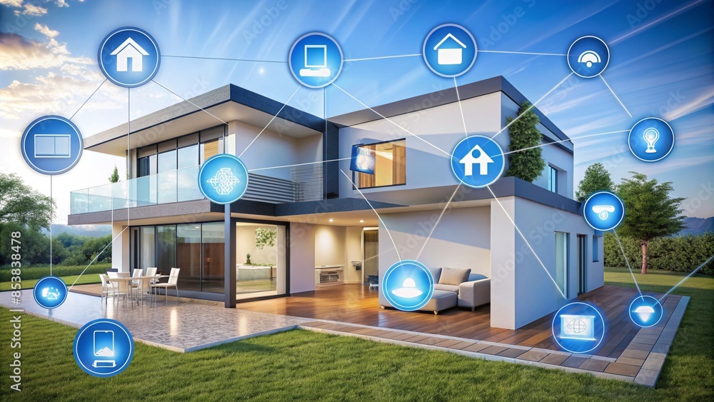 Obraz premium Futuristic generic smart home with solar panels on roof system for renewable energy concept as wide banner with copyright area. Smart home IoT