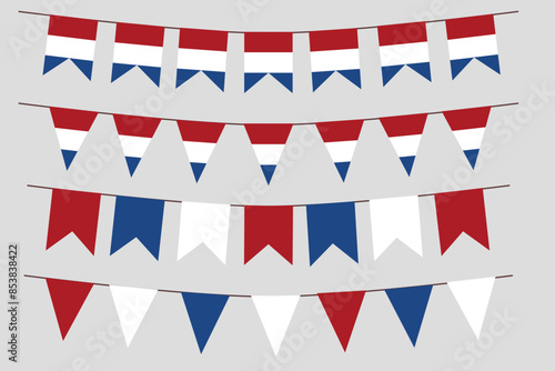 Netherlands flag set bunting vector. Flag heart triangle shape elements isolated on white background.