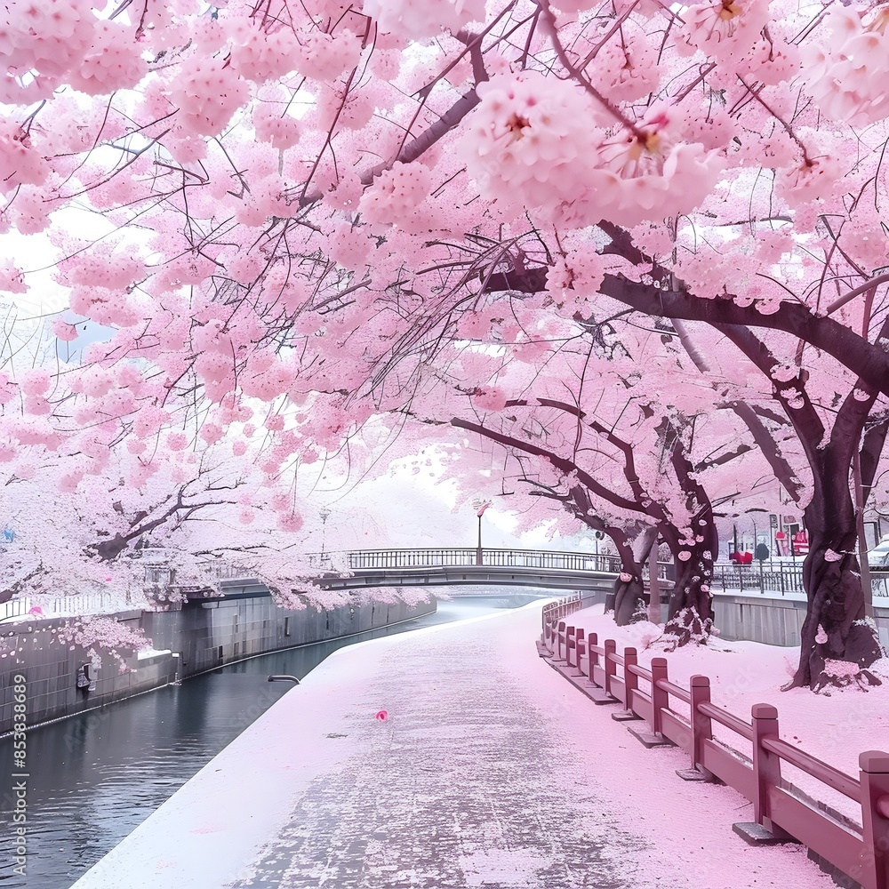 Blossoming Cherry Trees Lining Peaceful Pond and Bridge in Japanese Garden Blossoming Cherry Trees Lining Peaceful Pond and Bridge in Japanese Garden