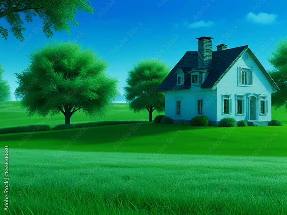 3D house landscape view with grass and trees 3D house landscape view with grass and trees