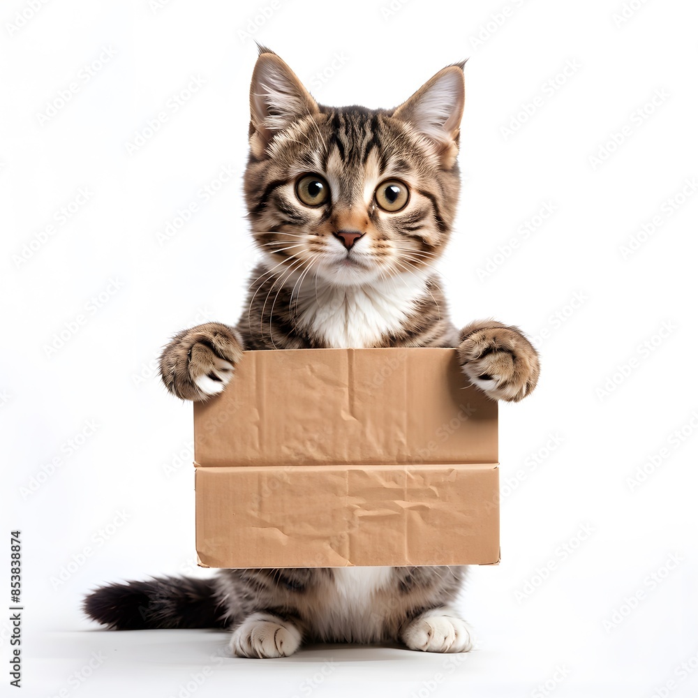 Tabby cat and paws hold a cardboard sign in its paws against an isolated white background Tabby cat and paws hold a cardboard sign in its paws against an isolated white background