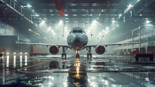 Hyper-realistic scene: Passenger aircraft parked inside hangar pr essional   clear focus. photo