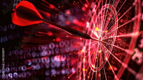 A close-up image of a dartboard with two red darts hitting the center, surrounded by a digital network background.