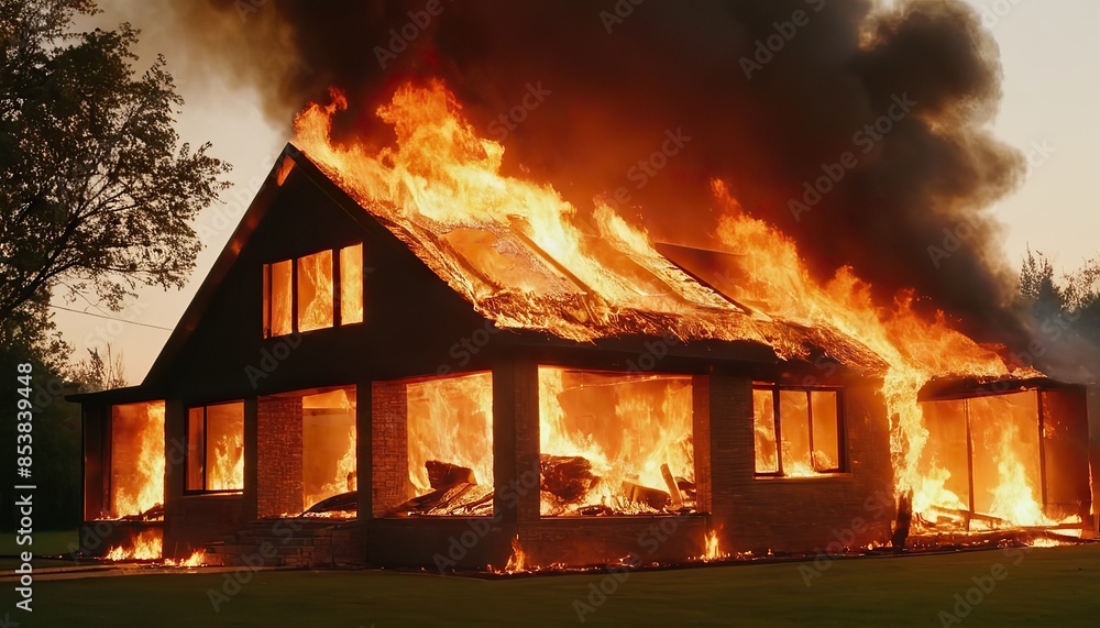 Wooden house or barn burning on fire at night.
Wooden house or barn burning on fire at night.
