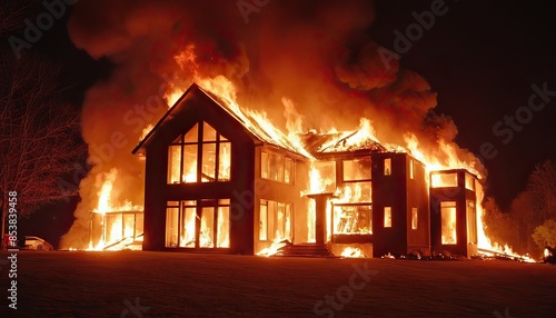 Wooden house or barn burning on fire at night.  © soyibakter