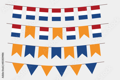 Netherlands flag set bunting vector. Flag heart triangle shape elements isolated on white background.