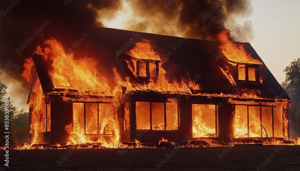 Fire in the building. Burning house in the flames of fire. House Fire at night. Fire in the building. Burning house in the flames of fire. House Fire at night.