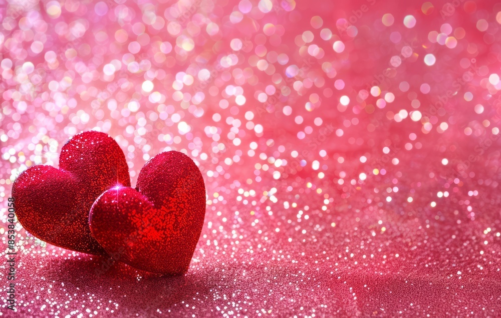 Fototapeta premium Valentine's Day background with two red hearts on a pink glitter background, copy space concept for a love message or romantic message