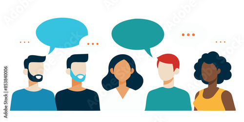 Men and women group, speech bubble talk. People crowd voice, blogger panel. Message noise. Social Media communication, discussion