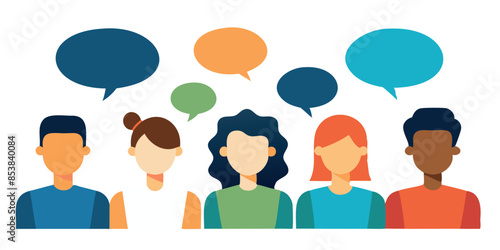 Men and women group, speech bubble talk. People crowd voice, blogger panel. Message noise. Social Media communication, discussion