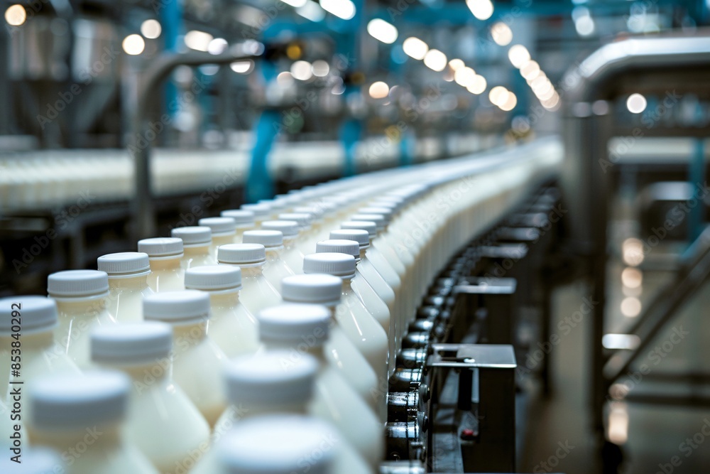 Obraz premium Milk bottles on a moving belt