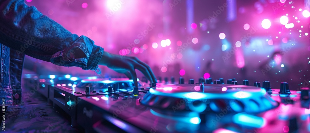 DJ at a turntable in a nightclub with neon blue and pink lights, fog effect, dynamic lighting, detailed, realistic, lively party scene 8K , high-resolution, ultra HD,up32K HD DJ at a turntable in a nightclub with neon blue and pink lights, fog effect, dynamic lighting, detailed, realistic, lively party scene 8K , high-resolution, ultra HD,up32K HD