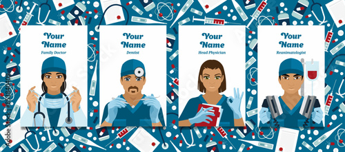A set of specialist doctors of various profiles. Family doctor, dentist, chief physician and intensive care specialist. Vector illustration of hospital medical staff for your business