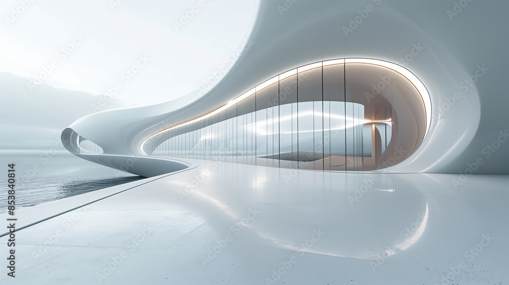 White curved architecture, futuristic, minimalistic, hyper realistic White curved architecture, futuristic, minimalistic, hyper realistic