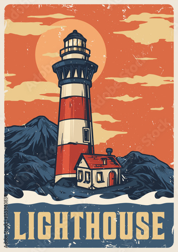 Coastal lighthouse colorful vintage poster