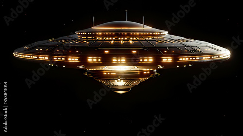 Hyper-realistic view of a UFO with a clipping path intricate details of the design and metallic surface floating in mid-air advanced and futuristic appearance