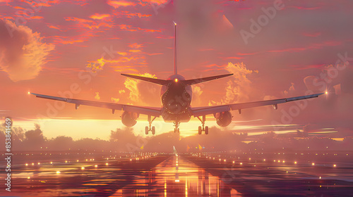 Hyper-realistic view of an airplane taking off during sunset intricate details orange and pink sky   runway visible picturesque aviation  photo