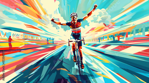 A cyclist is crossing the finish line in a bicycle race. The cyclist is wearing a red and white jersey. The background is a blur of color.