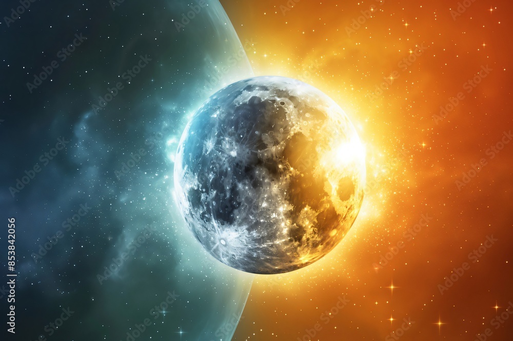 Fototapeta premium Vibrant digital illustration depicting the cosmic dance of a glowing sun and textured moon against a starry space backdrop