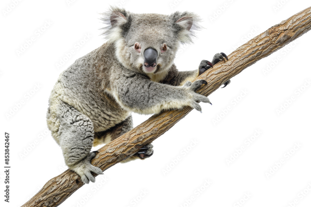 Fototapeta premium A cute koala sitting on a tree branch, showcasing its furry body and distinctive nose. Ideal for wildlife and nature-themed stock photos.
